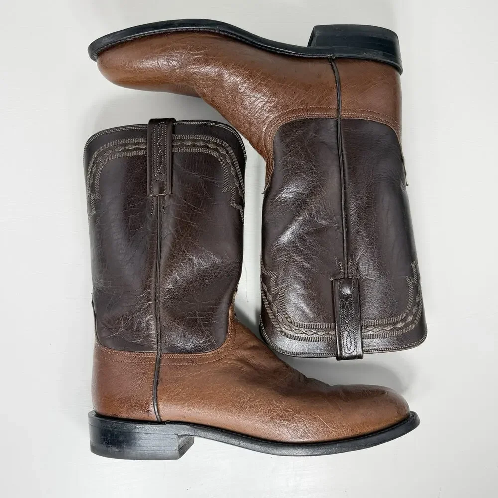 Lucchese 2000 Boots Men 9 D Brown Exotic Smooth Ostrich Cowboy Roper USA EUC